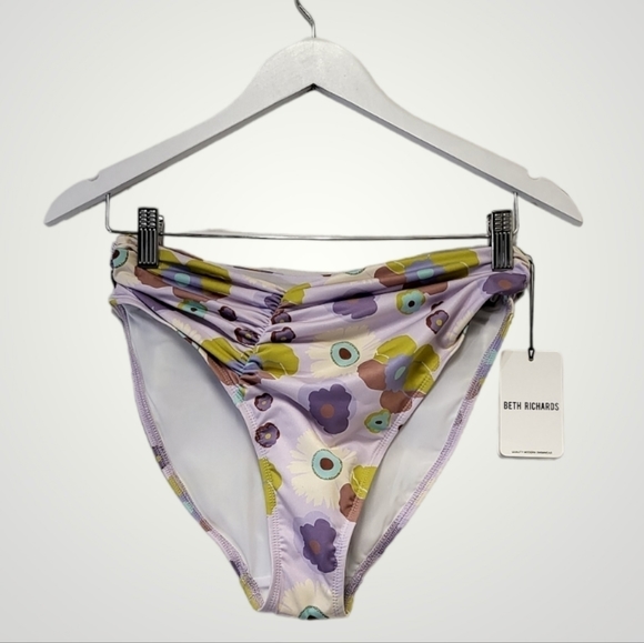 Beth Richards Swim Bottom Womens M Delrey‎ Floral 70s Ruched Side High Waisted - Picture 4 of 10